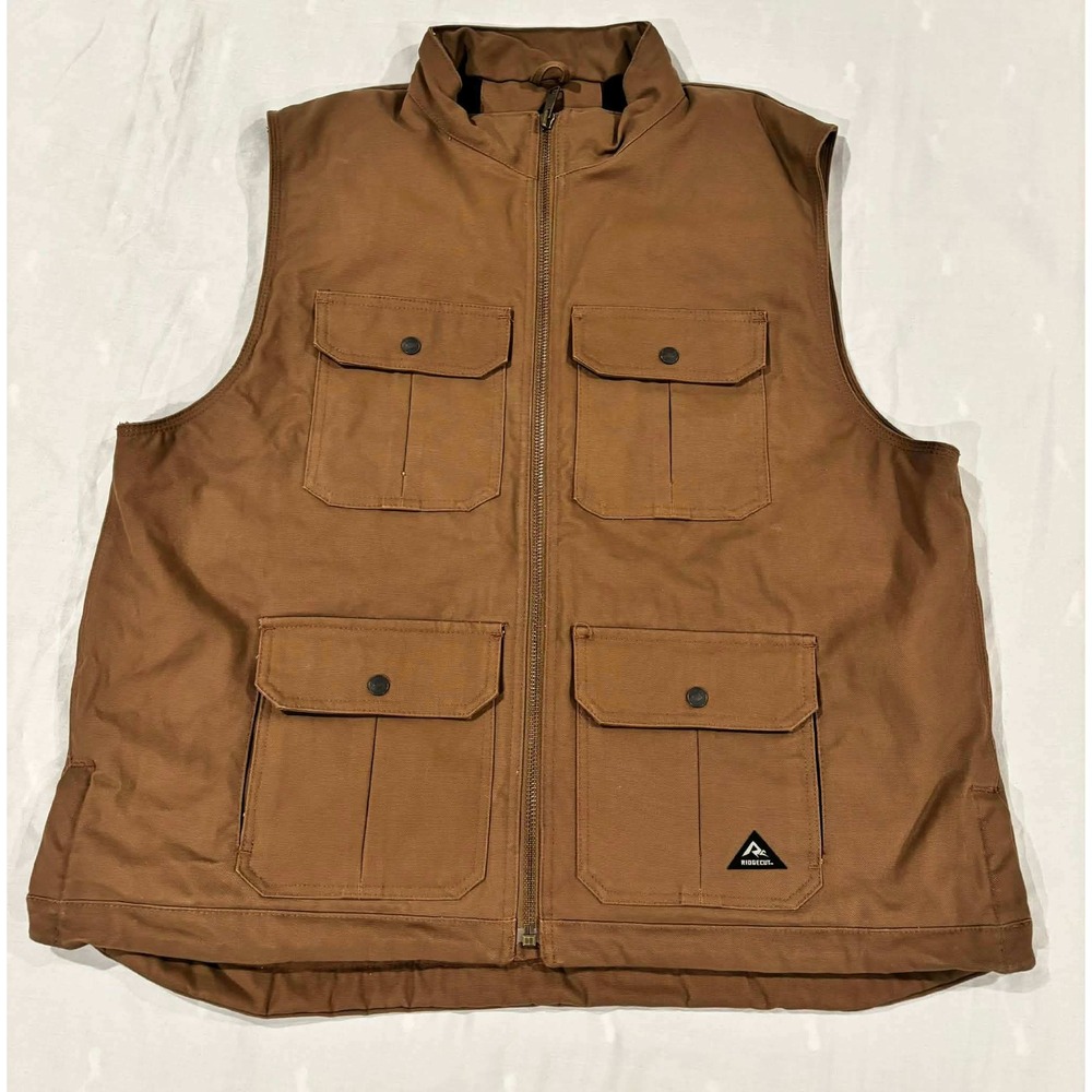 Ridgecut Toughwear Mens 2XL Brown Canvas Work Vest Plaid‎ Lined Full Zip Utility